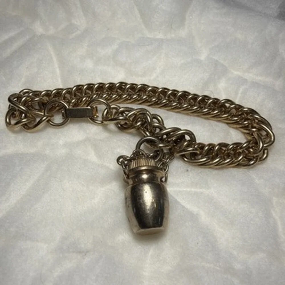 Vtg 40-50’s GoldTone Chunky Chain 7”Bracelet Perfume Bottle/Urn Charm Whimsigoth